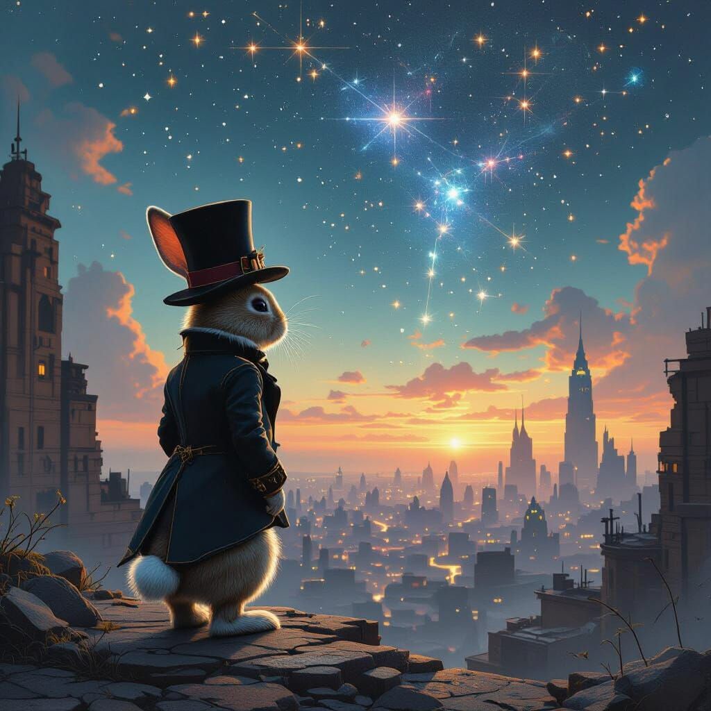 Steampunk Rabbit Gazing at Alien Skies