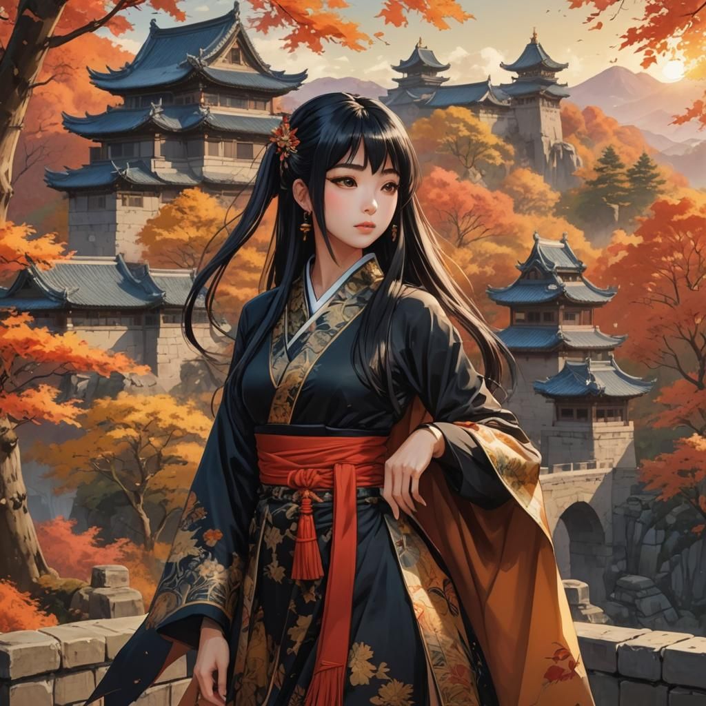 Anime Style Japanese Woman at Chinese Castle