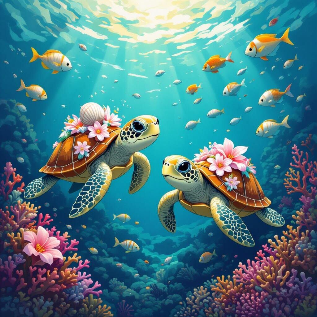 Seashell Turtles in a Vibrant Ocean Scene