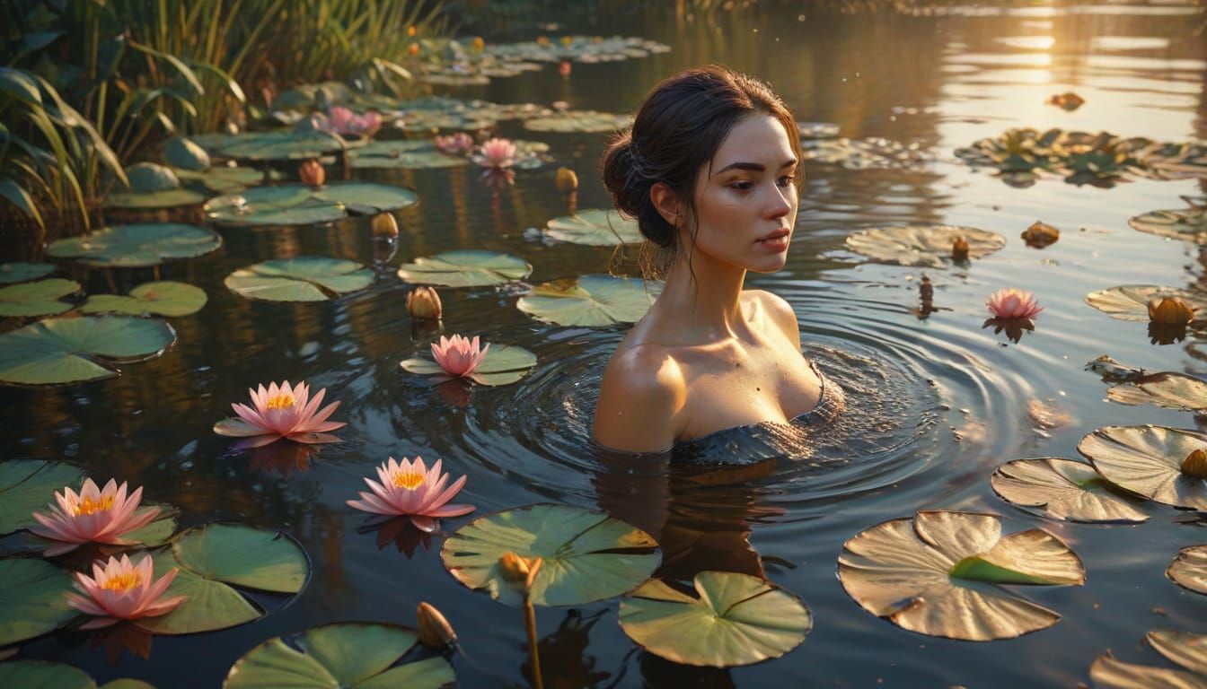 Serene Water Lily Goddess in Hyperrealistic Watercolor Style