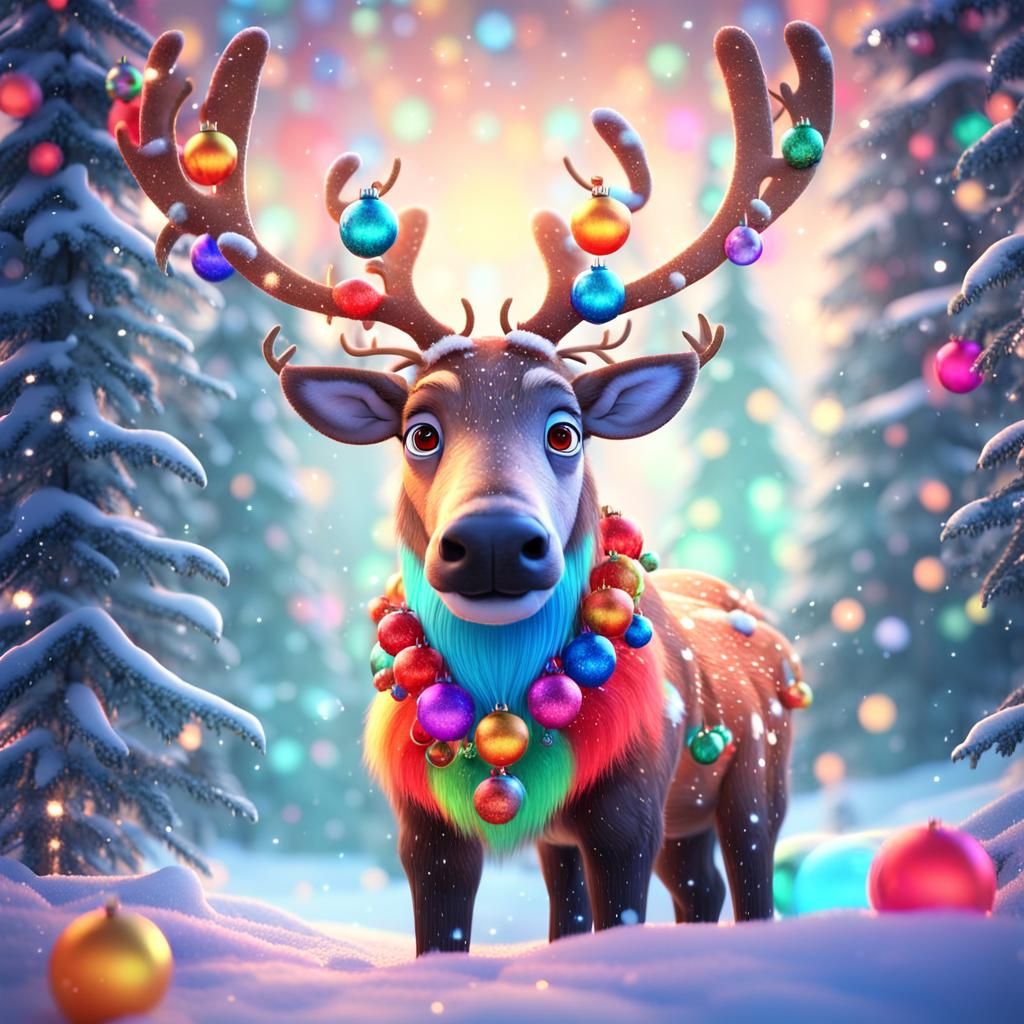 Whimsical Reindeer with Christmas Ornaments in Pixar Style