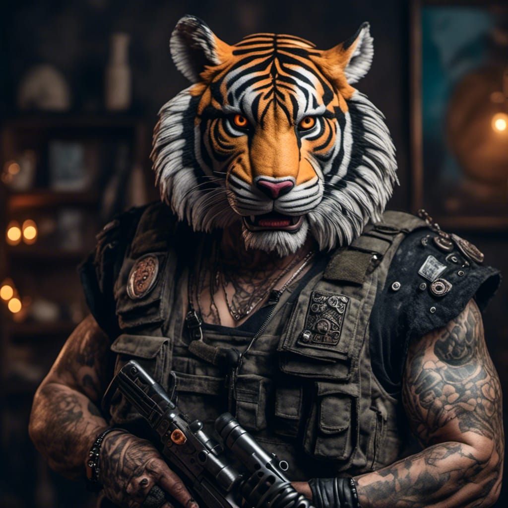 Smiling Gothic Tiger with Tattoo Sleeve in Photorealistic St...