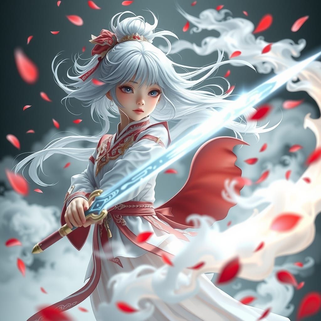 Ethereal Girl with Sword, Anime Fantasy Illustration