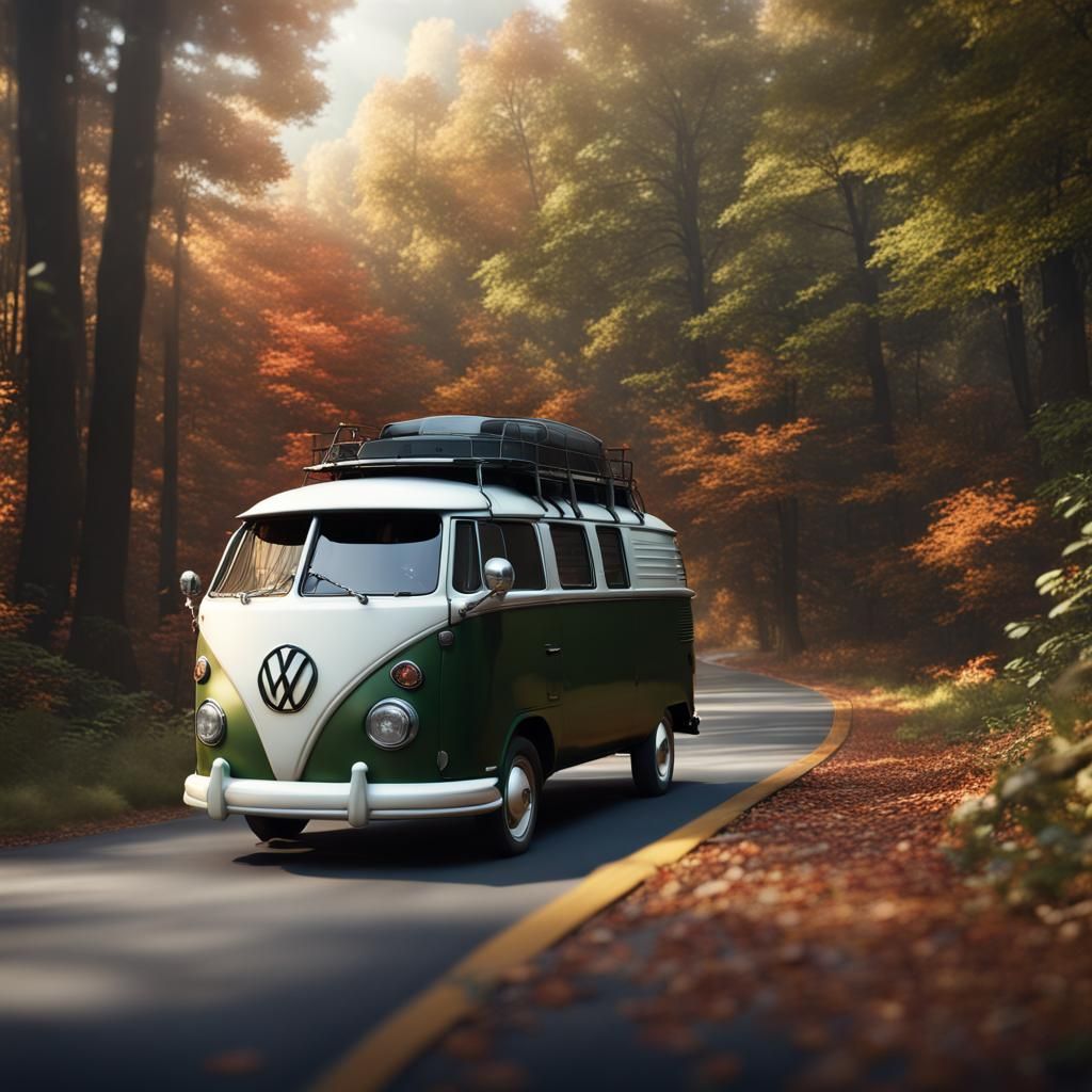 VW Van on Woodsy Road in Dreamy Art Style