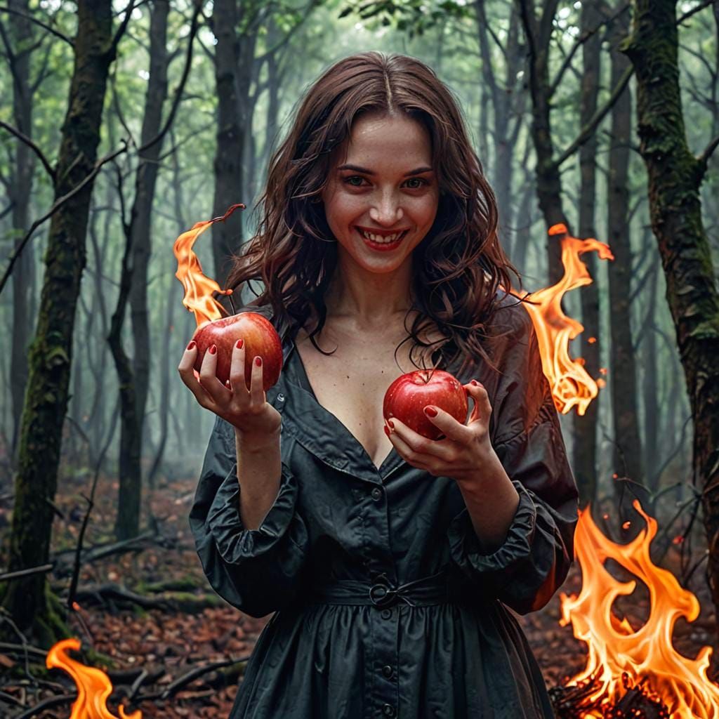 Seductive Enchantress in Dark Forest with Poison Apple