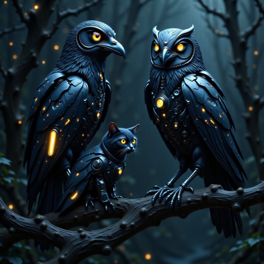 Cyborg Creatures: Raven, Owl, and Cat in Digital Matte Style