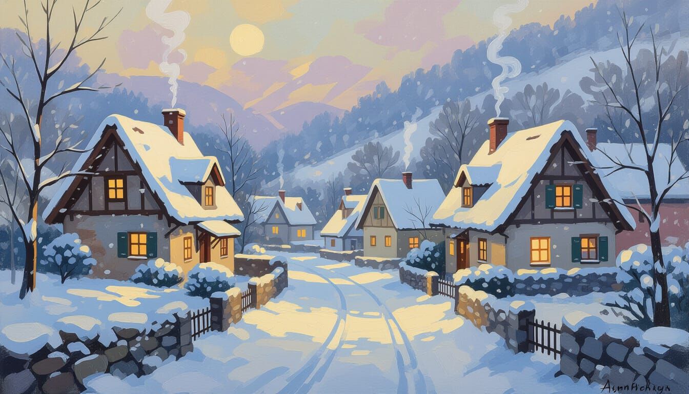Snowy Valley Village in Impressionistic Style