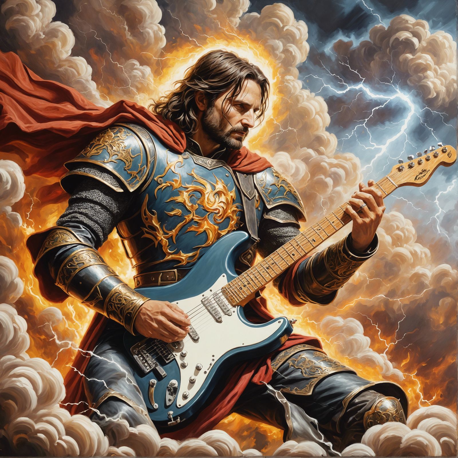 Medieval King Shreds Guitar in Oil Painting Style