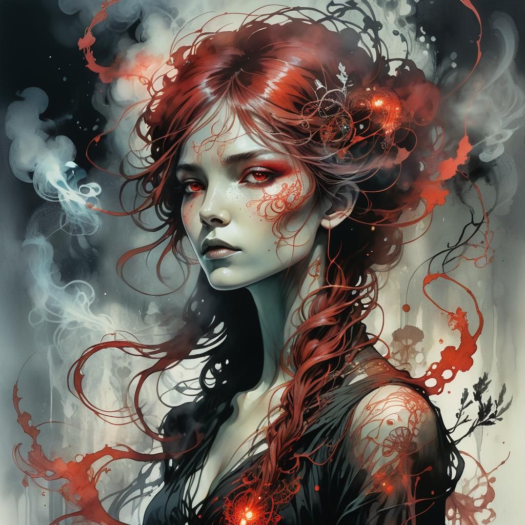 Art Nouveau Woman with Red Aura and Mist