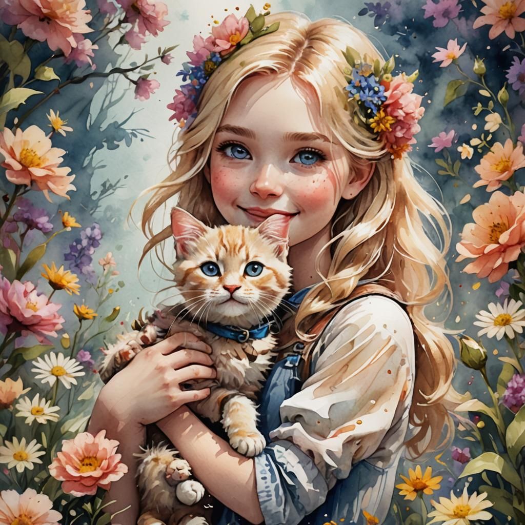 Girl and Kitty in Watercolor Flower Garden