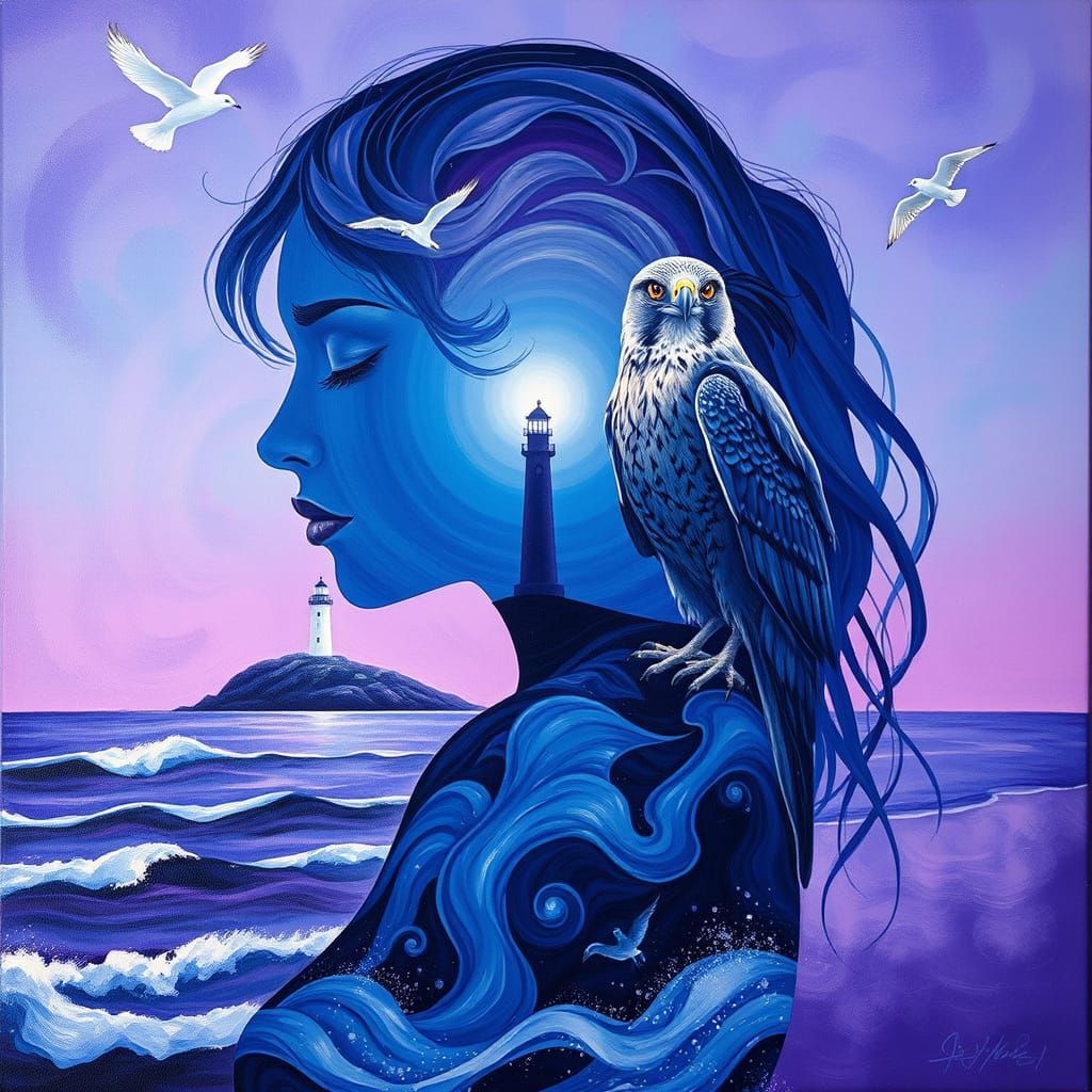 Dreamy Oil Painting of a Regal Woman Silhouette with Coastal...