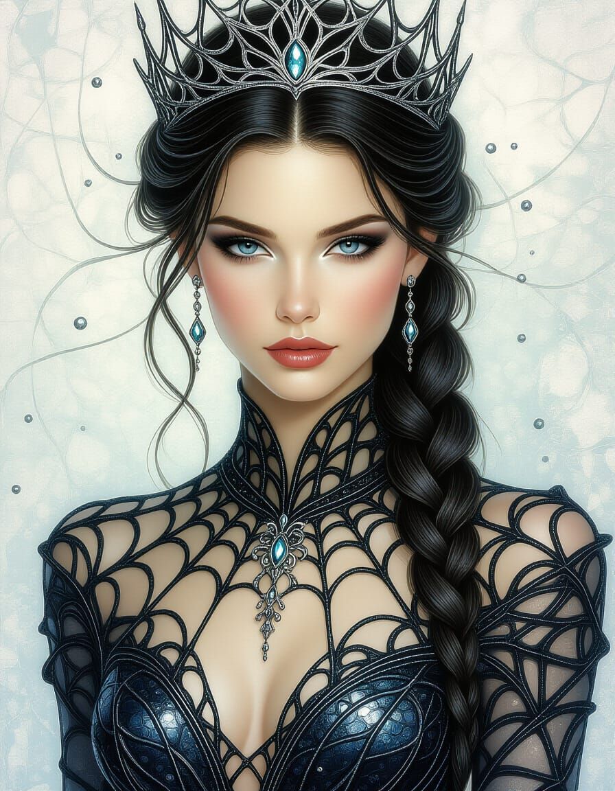 Fantasy Queen Portrait with Spider-Web Dress in Sumi-e Style