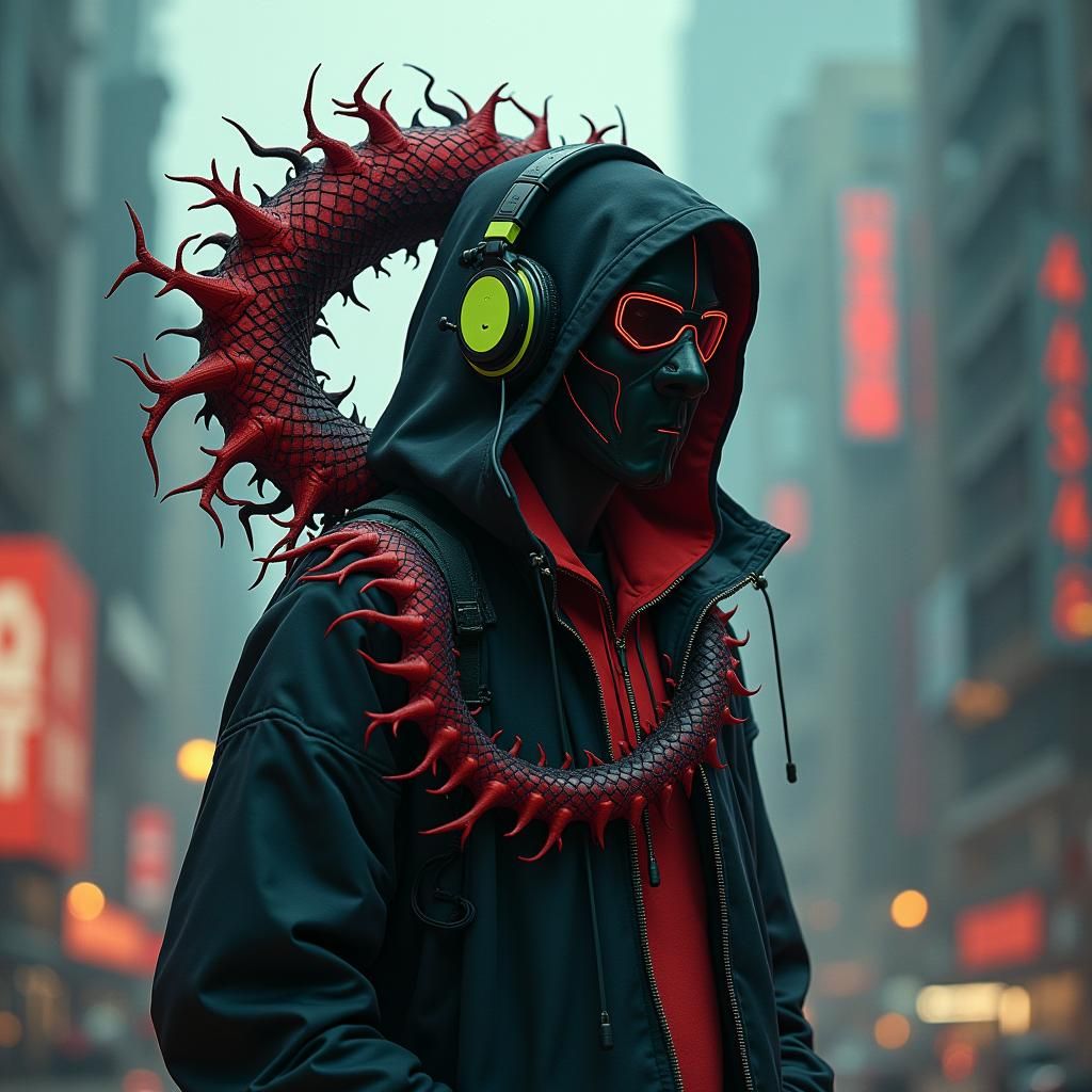 Cyberpunk Hooded Figure in Dystopian Cityscape