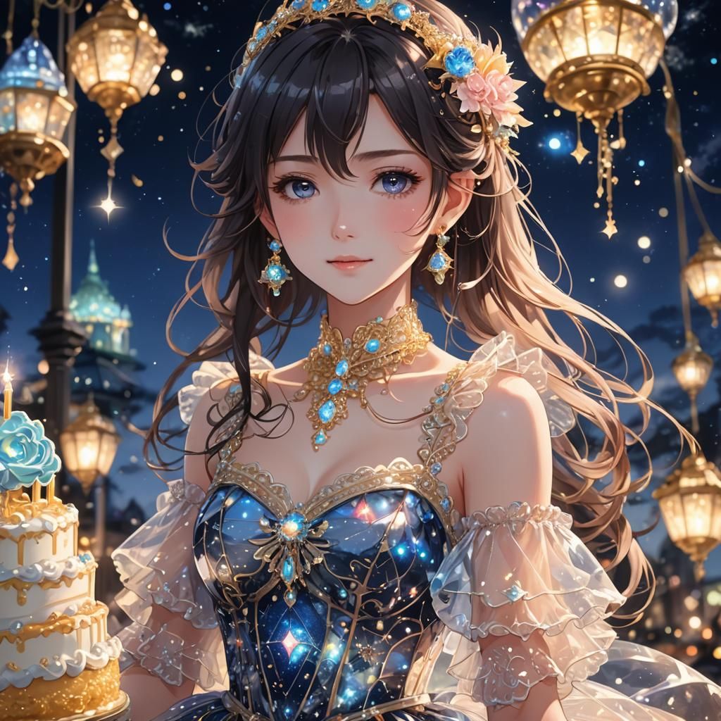 Anime Lady in Cake Dress with Night Sky