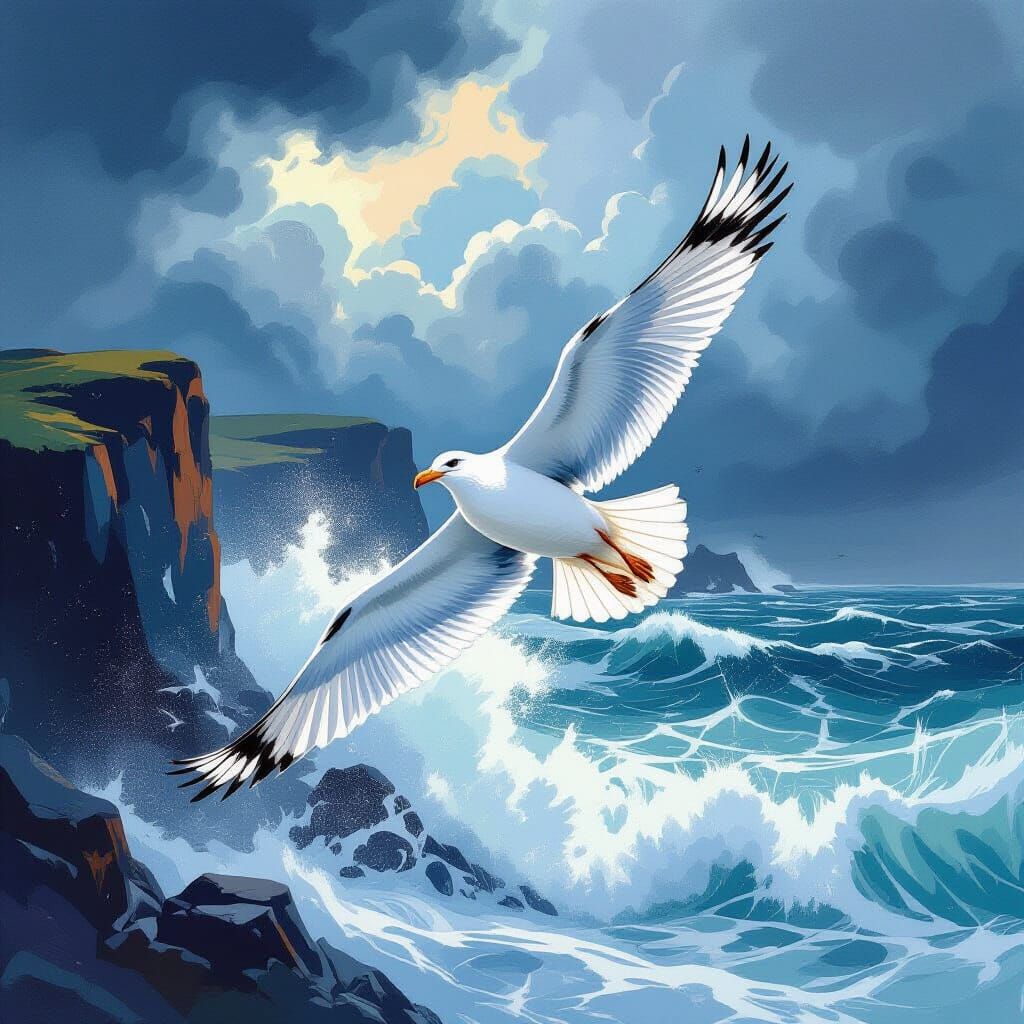 Seagull in Stormy Skies as Alcohol Ink Art