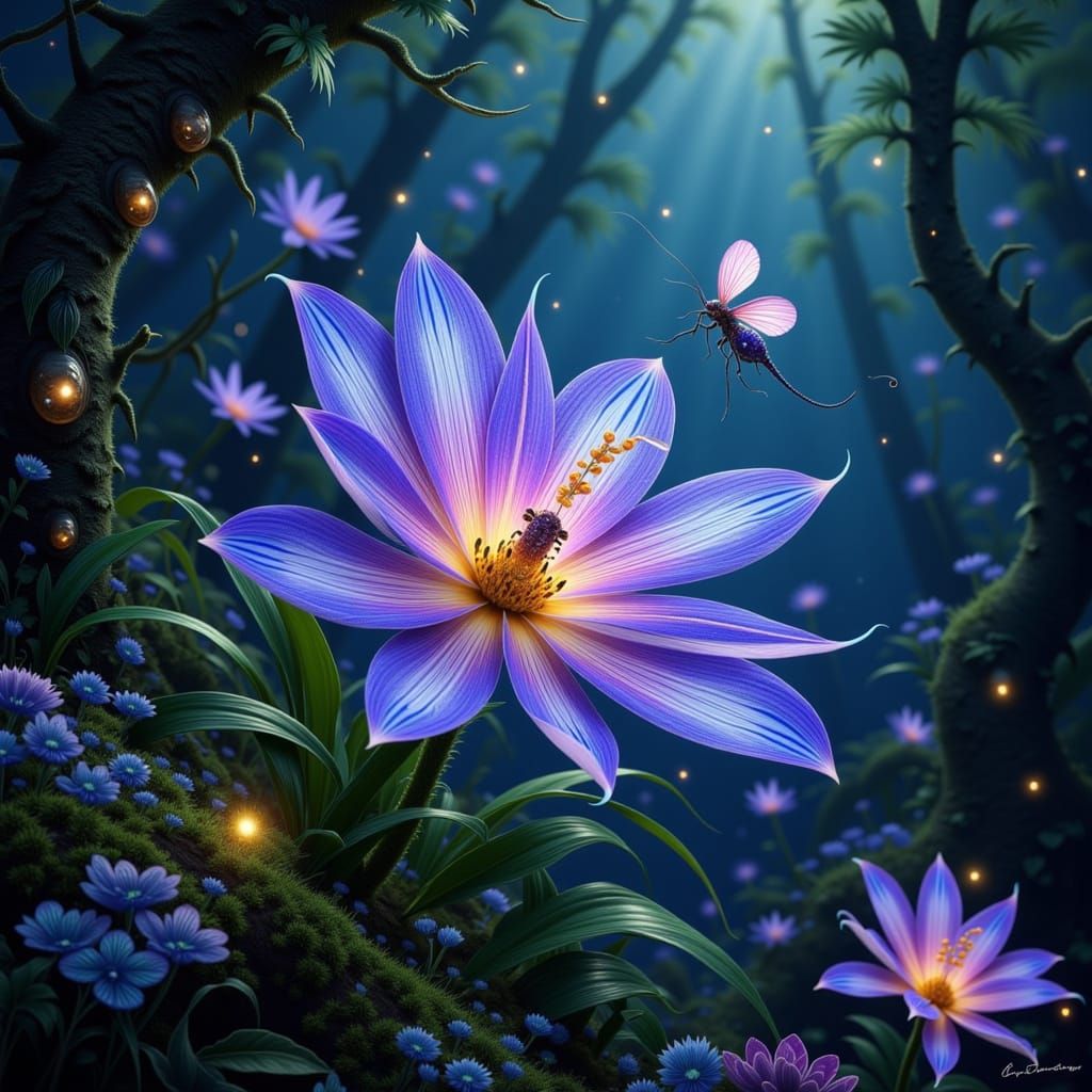 Ethereal Flowers and Jeweled Creatures in Mystical Forest