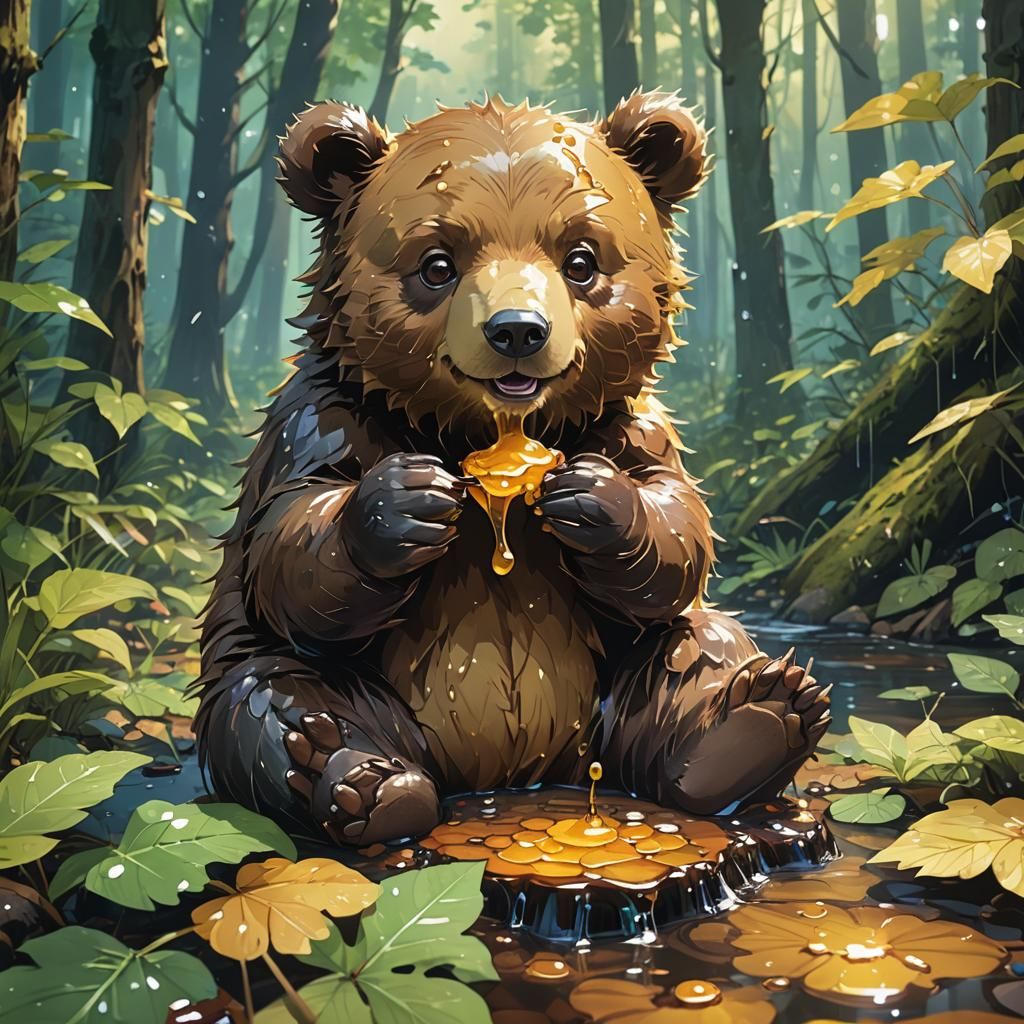 Cute Anime Baby Bear Eating Honey