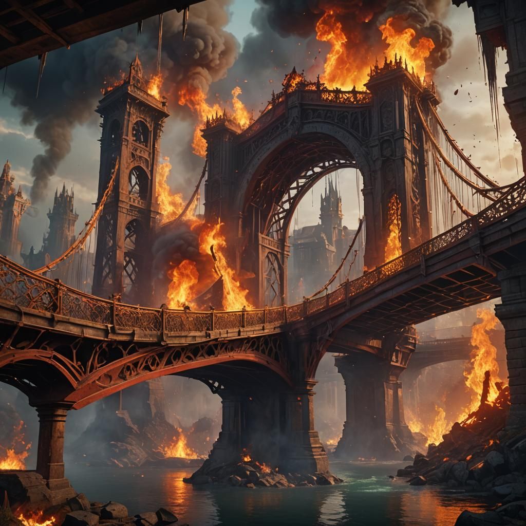 Bridge Ablaze: A Fantastical Matte Painting