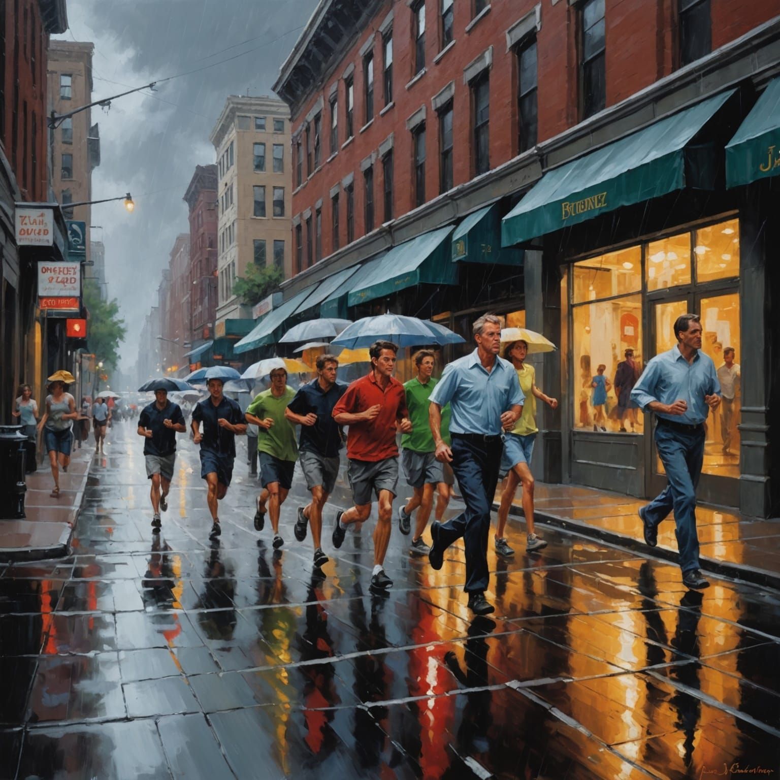 City Sidewalk Thunderstorm in Oil Painting Style