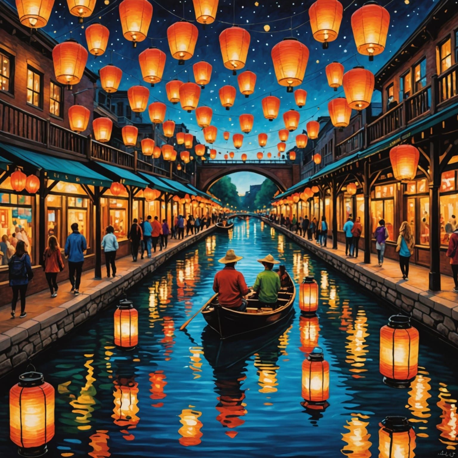 Tranquil River Lantern Festival: Vivid Hand-Drawn Illustrati...
