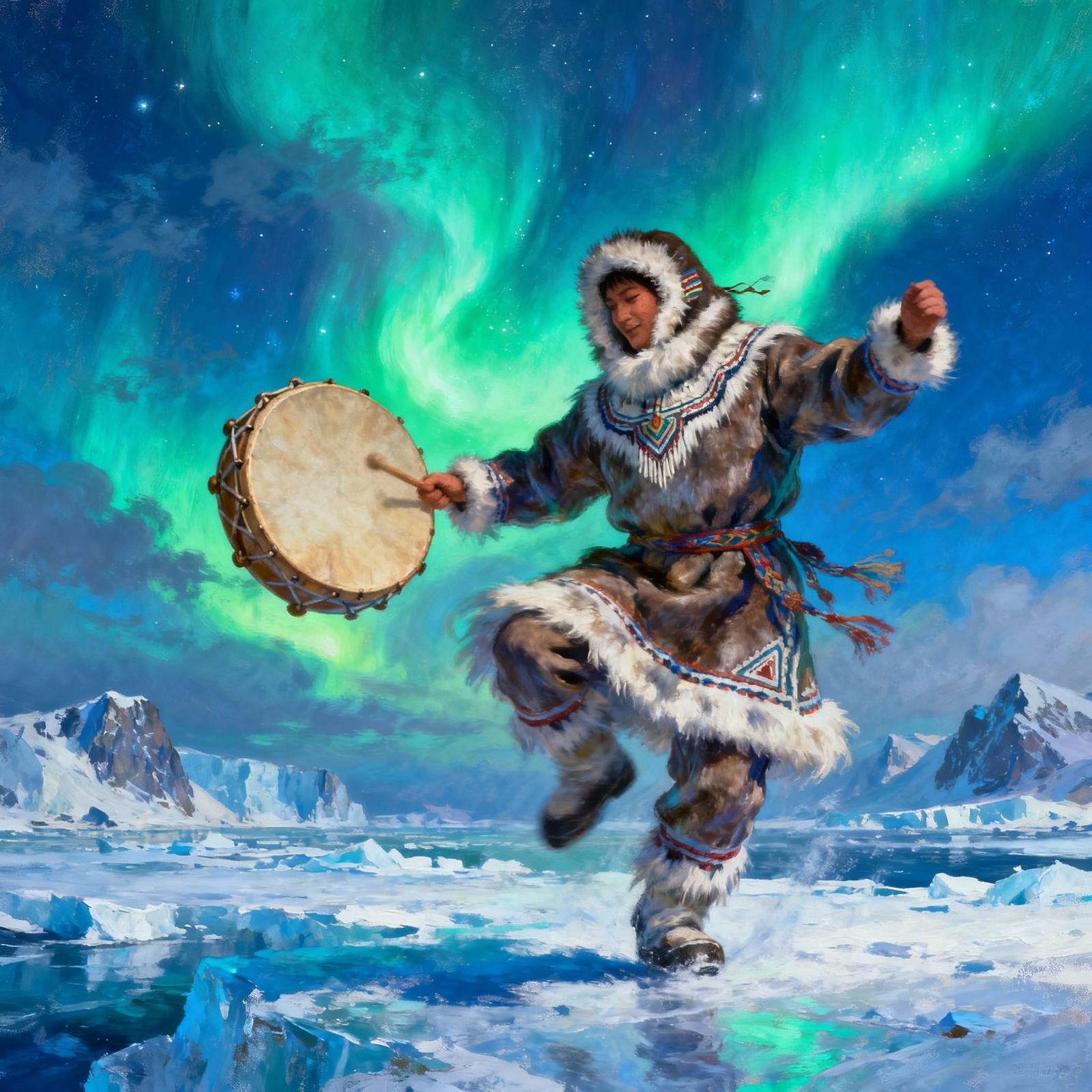 Inuit Drum Dance Under Aurora Borealis
