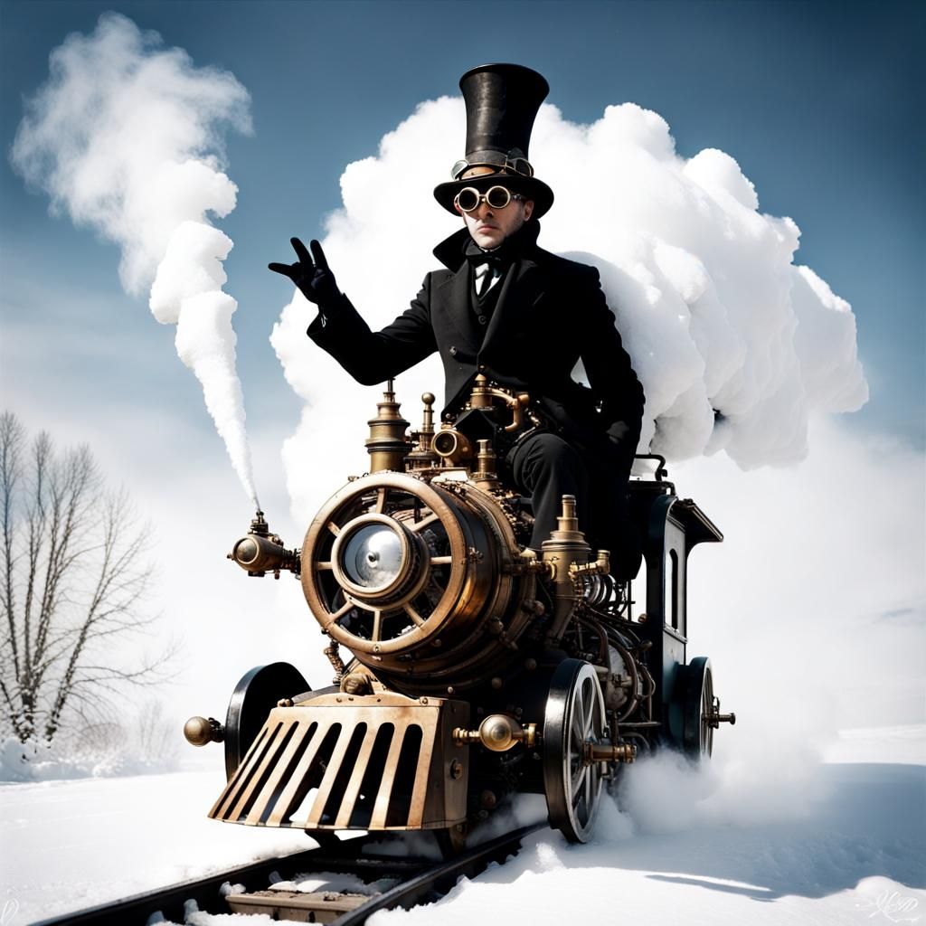 Steampunk Wizard Races Train in Snowy Landscape