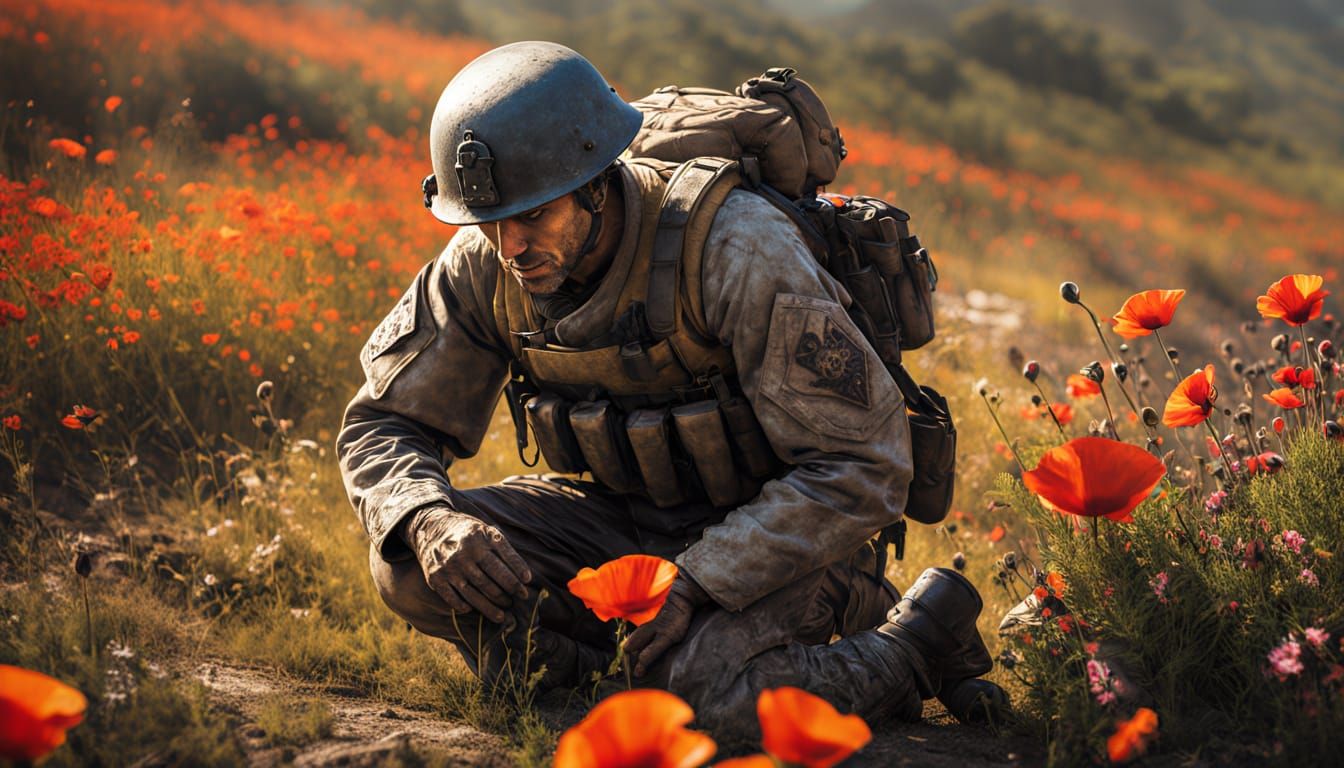 Soldier Kneels Amongst Wildflowers on Battlefield