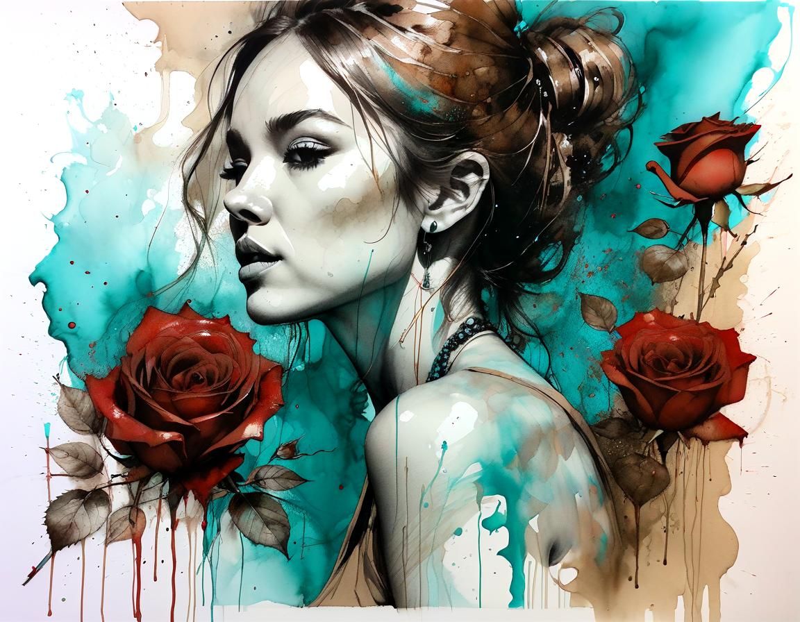 Dreamlike Graphite Portrait of Woman Smelling Rose