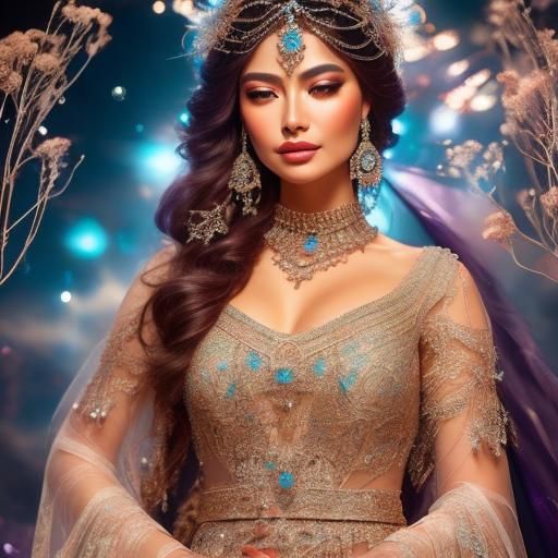 Woman in Glass Dress Portrait with Night Sky