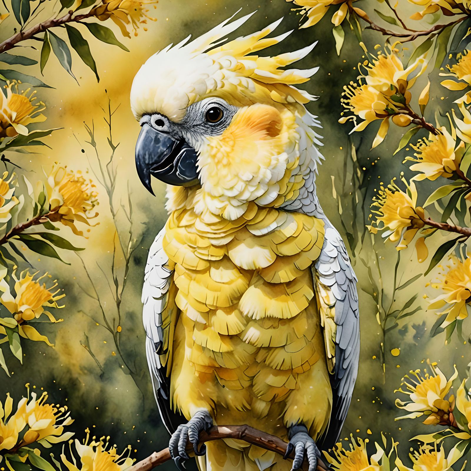 Cockatoo Portrait Amongst Wattle Blossoms in Watercolor