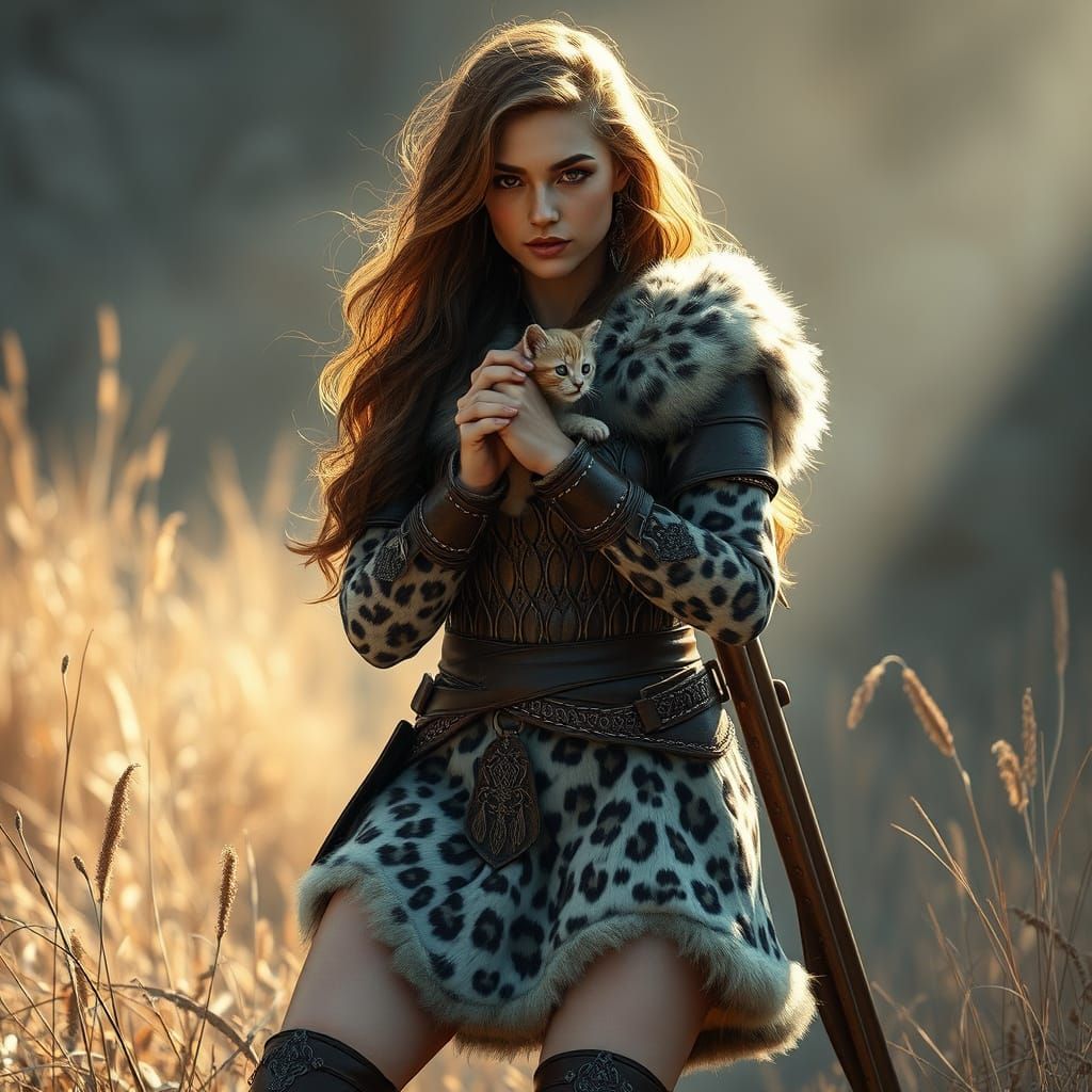 Hyperrealistic Warrior Queen with Kitten in Cinematic Light