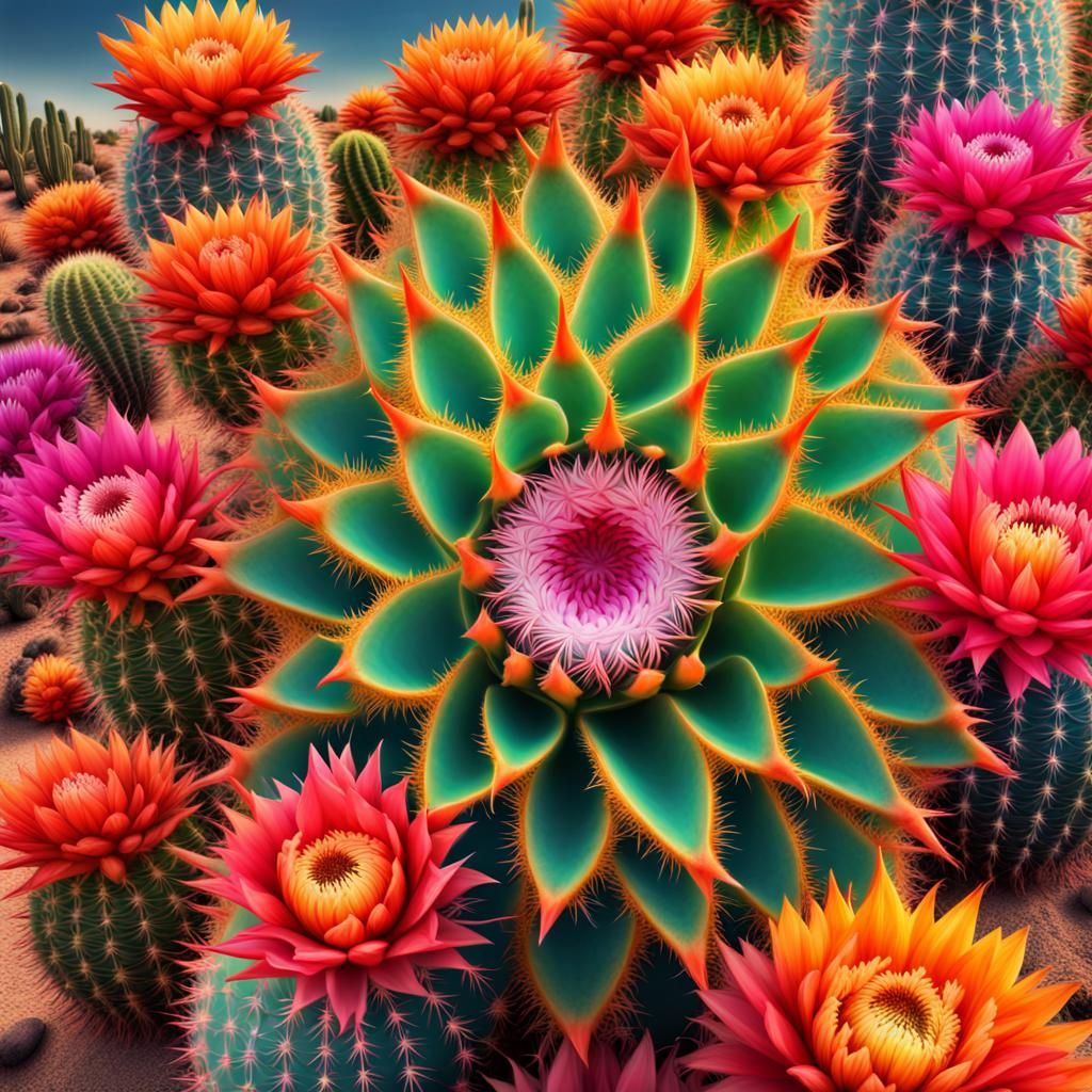 Blooming Cactus Under Desert Sun: Stylized Digital Art