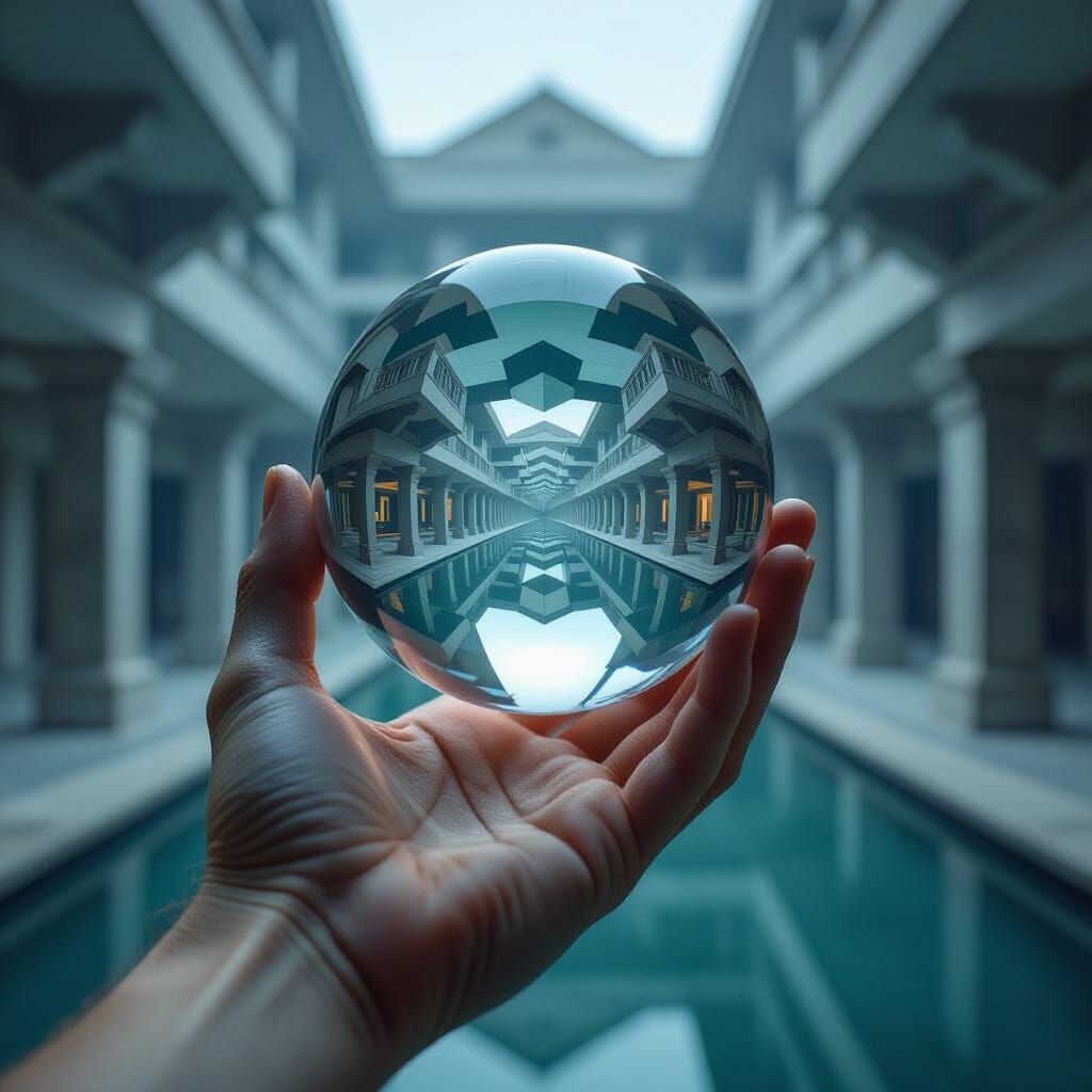 Surreal Hand Holds Reflective Sphere with Impossible Archite...