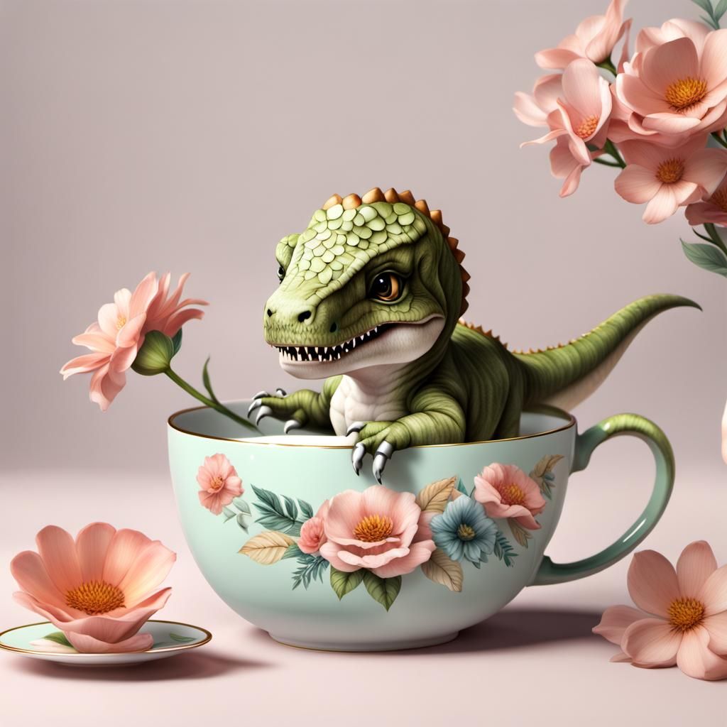 Chibi T-Rex Sipping Tea: Photorealistic Rendering