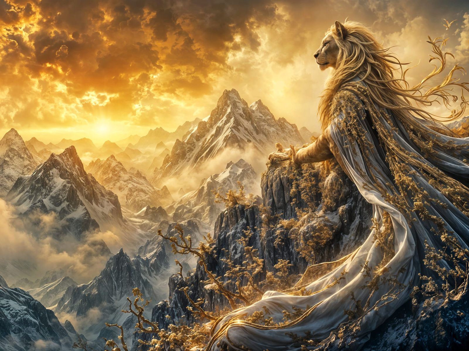 Golden Lion on Snowy Peak as Baroque Art