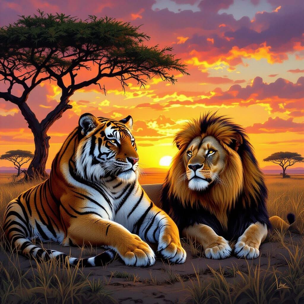 Muscular Tiger with Lion Pet at Sunset