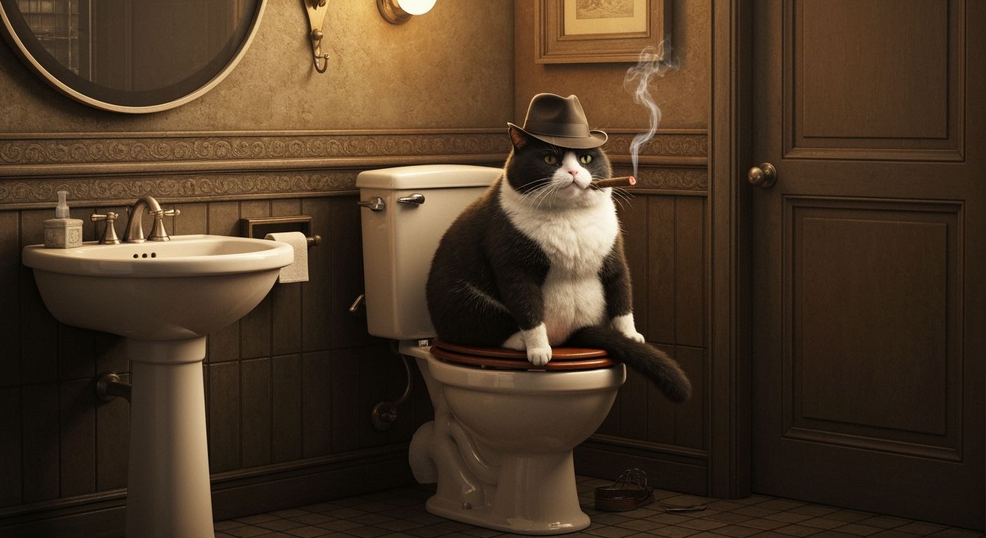 Noir Cat Smokes Cigar in 1930s Bathroom