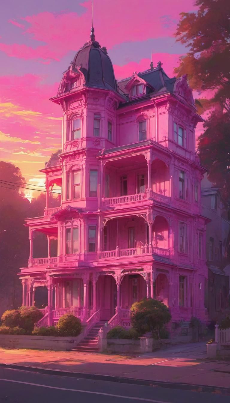 Hot Pink Victorian Mansion at Retro Sunset