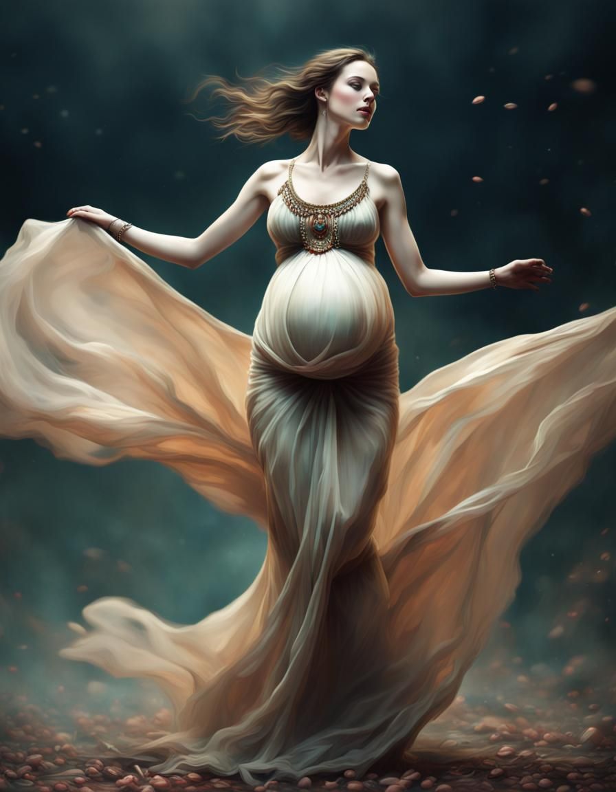 Joyful Pregnant Woman Dancing, Detailed Digital Painting