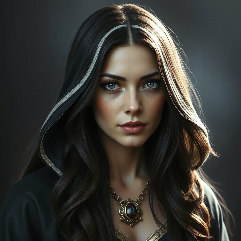 Sorceress with Hedy Lamarr Face and White Hair Streak