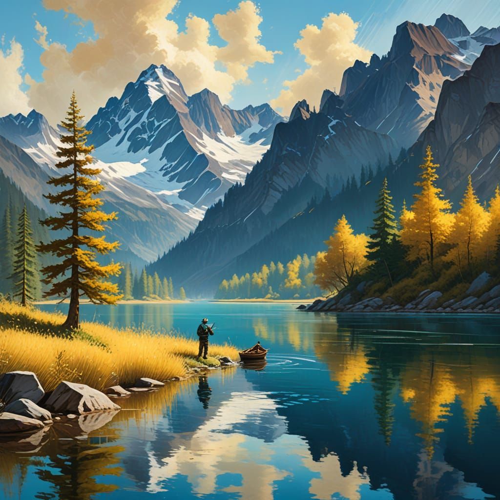 Angler at Lake Antorno: Gouache Impressionism Landscape