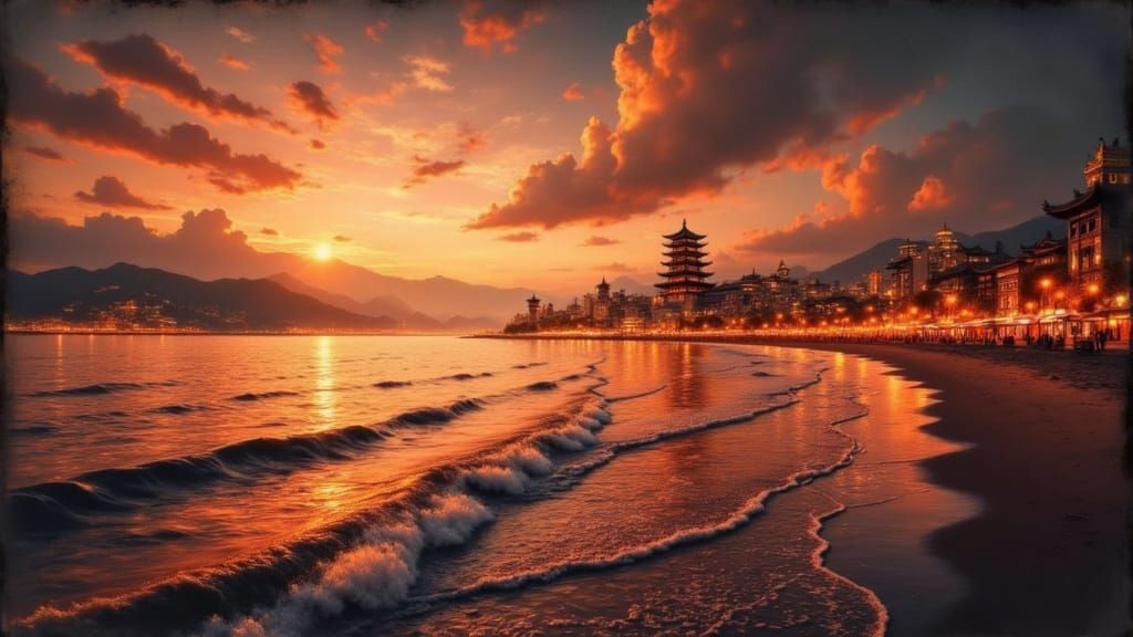 Song Dynasty Tower Bathed in Sunset Over Zhaoqing