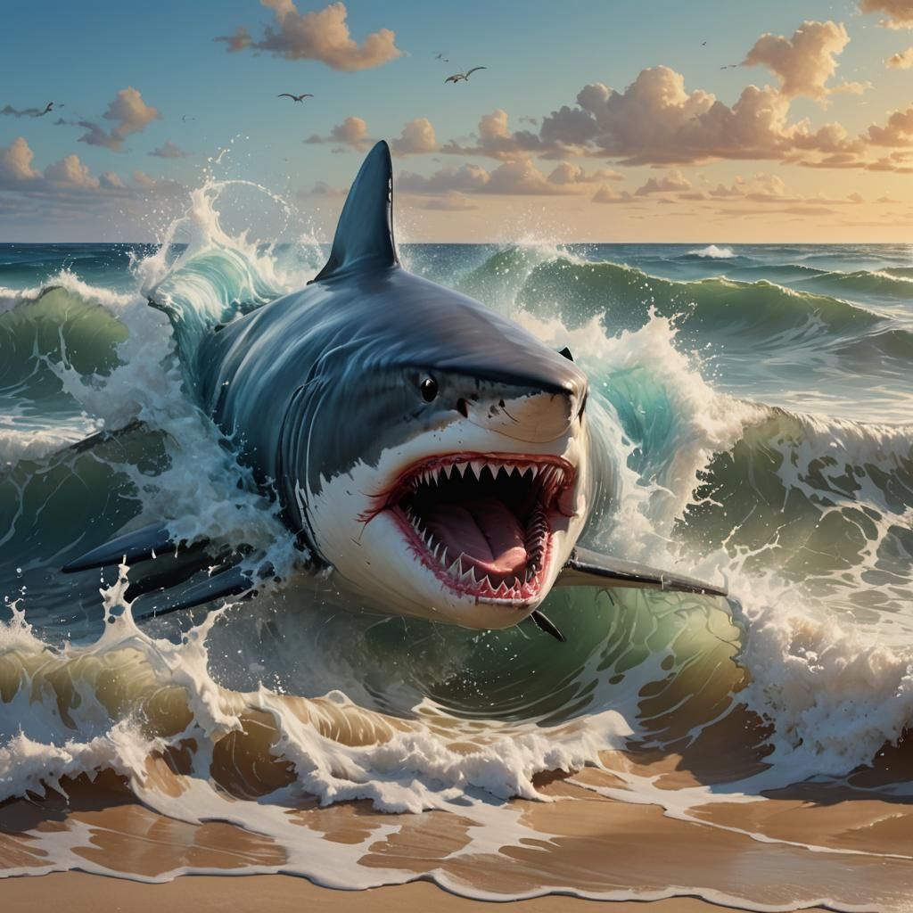 Hyperrealistic Shark Emerges from Crashing Waves