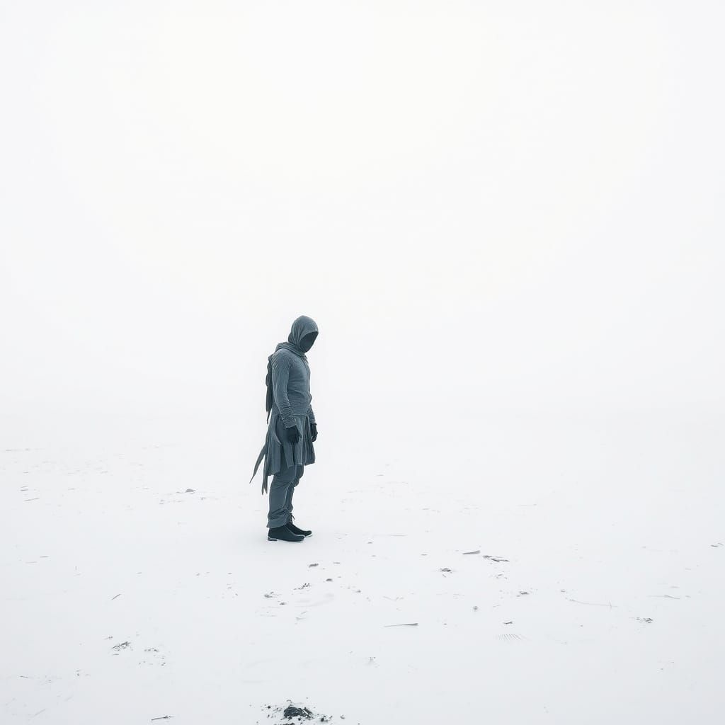 Desolate Figure in White Expanse: Surreal Monochromatic Art