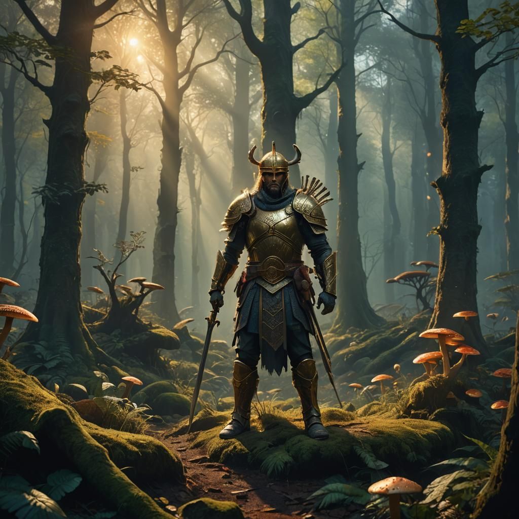 Heroic Warrior Victorious in Mystical Forest