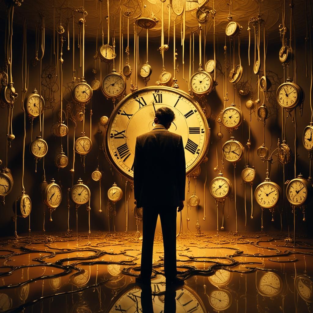 Surreal Melting Clocks in Dreamlike Room