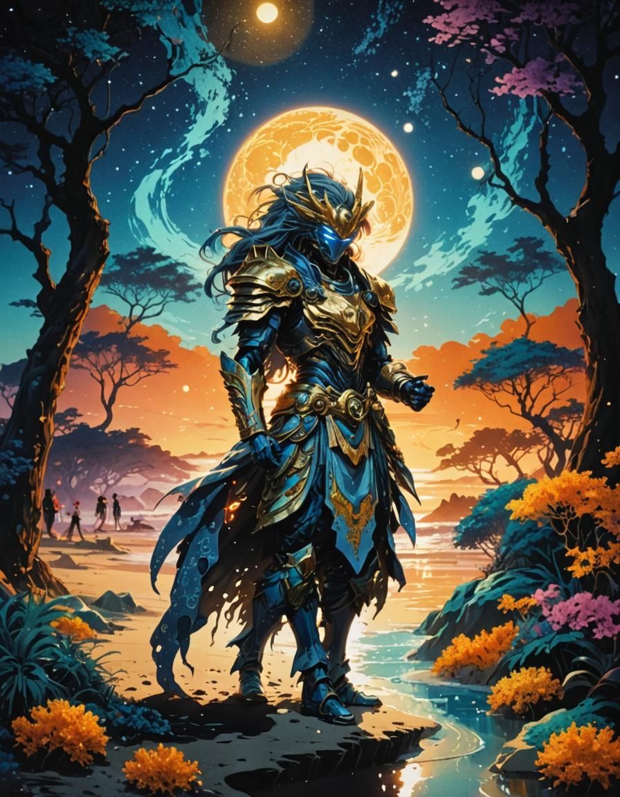 Moonlit Sand Woman: 80s Anime Pointillism Art