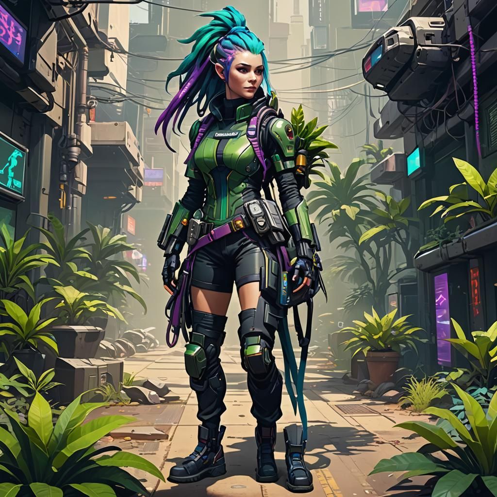 Cyberpunk Green-Skinned Woman Doctor in Spacesuit