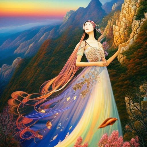 Woman Climbs Mountain at Sunset: Fashion Magazine Art