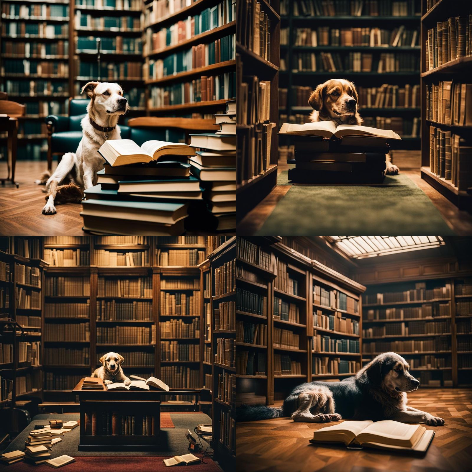 Dog Reads Book in Library: Cinematic Film Still